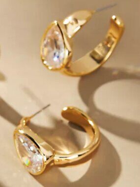 Gold and Clear Stone-Inset Hoop Earrings